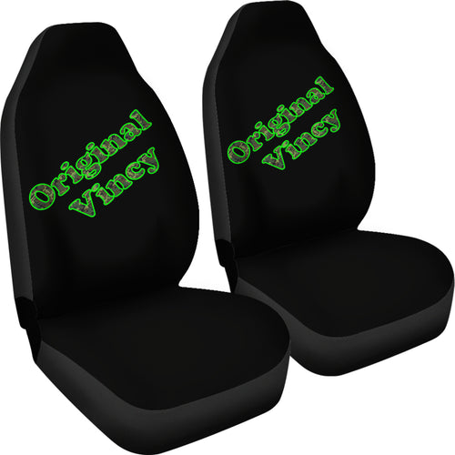 Car seat covers - black with 'original vincy' in green letters.