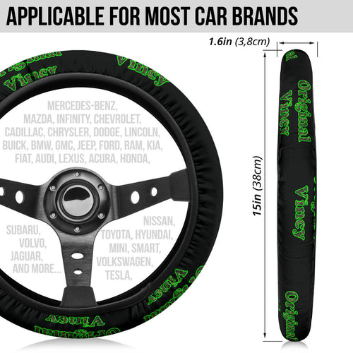 steering wheel cover with 'original vincy' design in green letters.