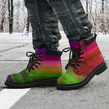 Load image into Gallery viewer, all-season boots with abstract green and purple design
