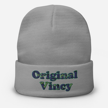 Load image into Gallery viewer, Gray knit beanie/otto cap with &#39;original vincy&#39; written in camouflage green letters
