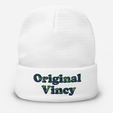 Load image into Gallery viewer, White knit beanie/otto cap with &#39;original vincy&#39; written in camouflage green letters
