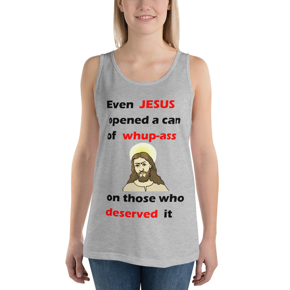 athletic heather unisex tank top stating even Jesus open a can of whup-ass on those who deserved it