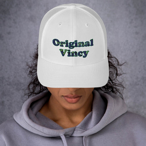 White trucker cap with 'original vincy' written in camouflage green letters.