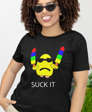 Load image into Gallery viewer, black t-shirt with a yellow gumdrop holding two popsicles and the caption &#39;suck it&#39;.
