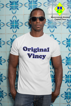 Load image into Gallery viewer, white t-shirt with &#39;original vincy&#39; written in black and blue letters
