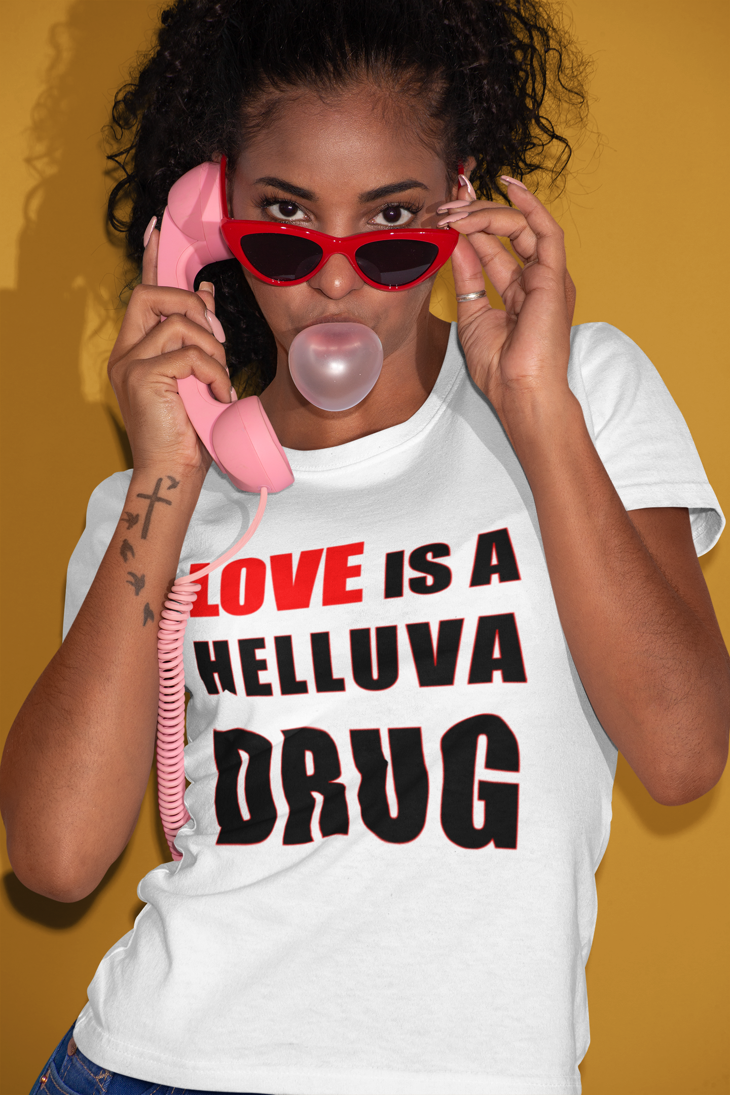 Love is a helluva drug white t-shirt
