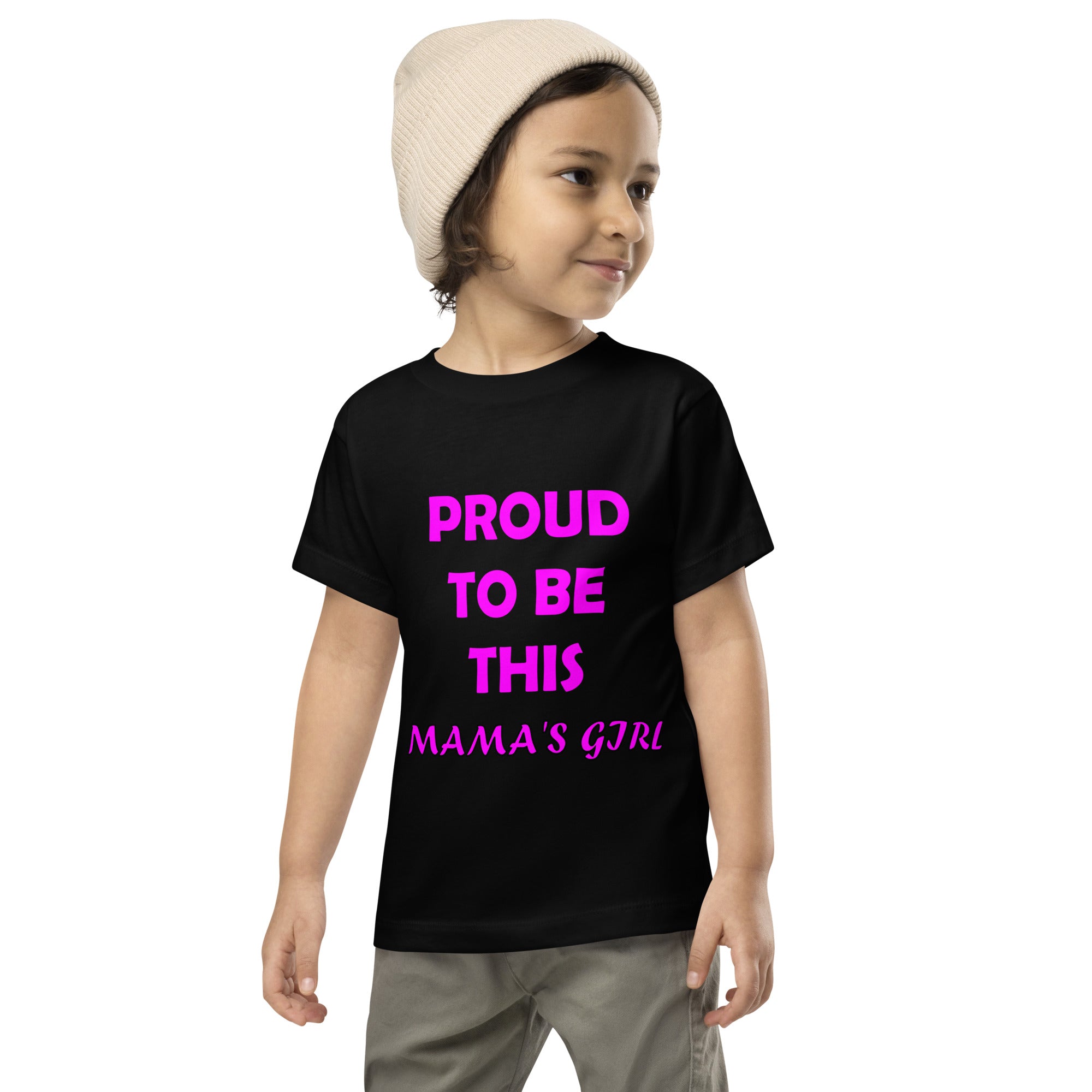 toddler short sleeve black t-shirt with caption 'Proud to be this mama's girl'