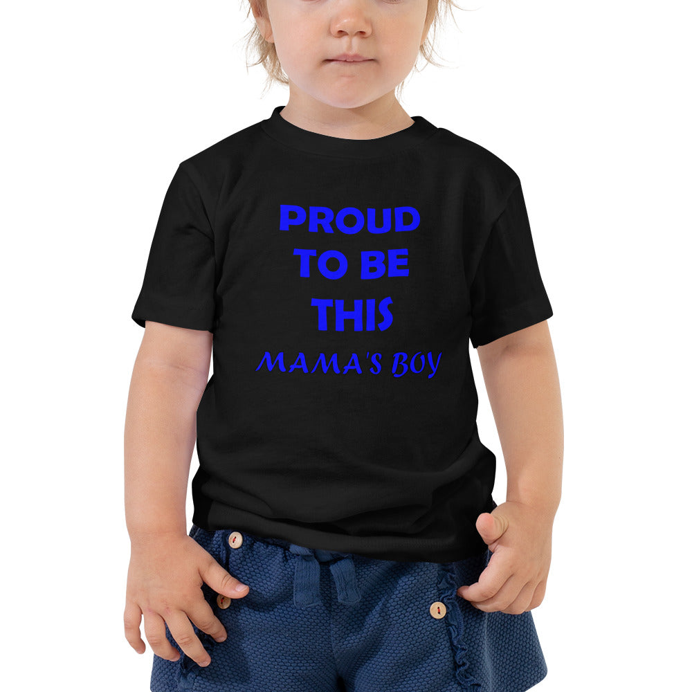 toddler short sleeve black t-shirt with the caption 'proud to be this mama's boy' in blue lettering 