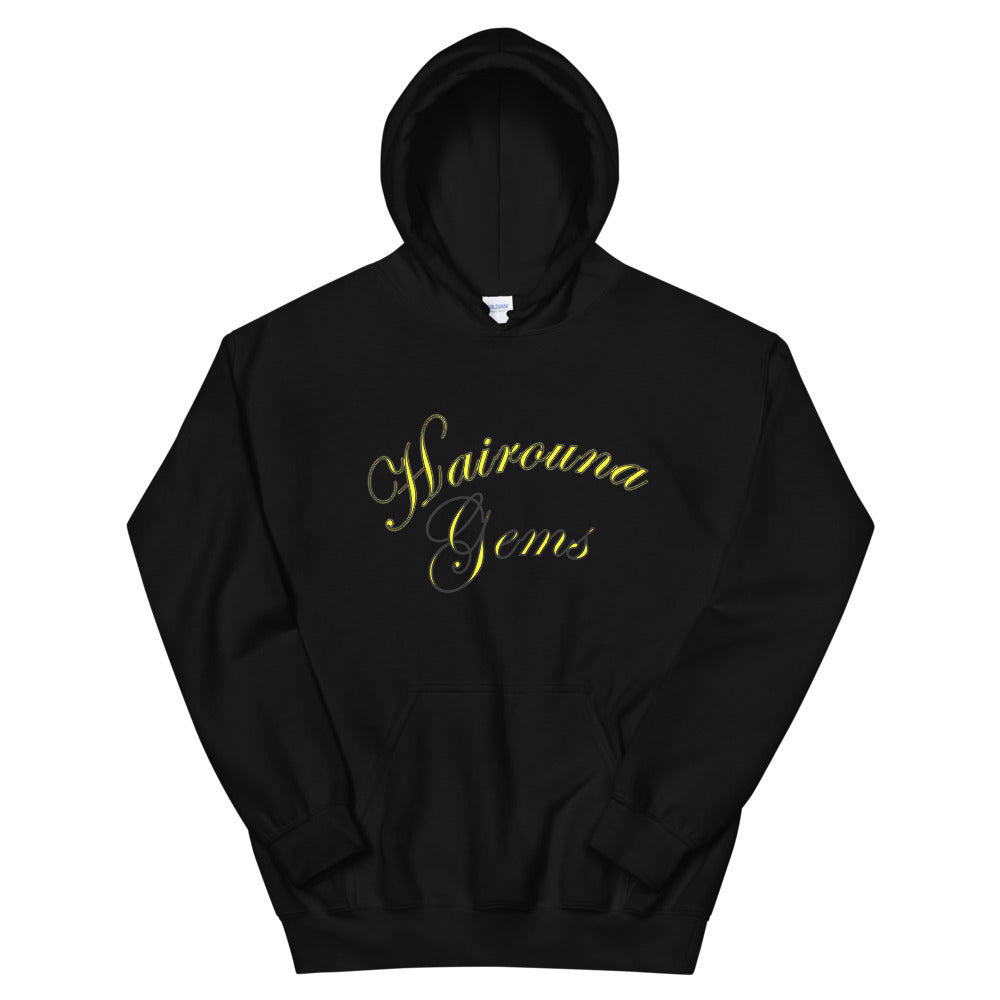 black unisex hoodie with hairouna gems written in yellow letters