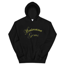 Load image into Gallery viewer, black unisex hoodie with hairouna gems written in yellow letters
