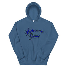 Load image into Gallery viewer, indigo blue unisex hoodie with hairouna gems written in blue letters 

