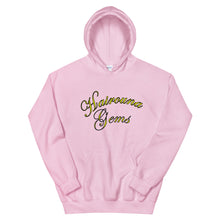 Load image into Gallery viewer, light pink  unisex hoodie with hairouna gems written in yellow letters
