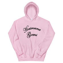 Load image into Gallery viewer, light pink unisex hoodie with hairouna gems written in black letters

