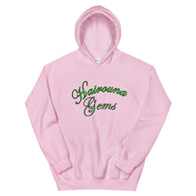 Load image into Gallery viewer, light pink unisex hoodie with hairouna gems written in green letters

