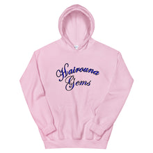 Load image into Gallery viewer, light pink unisex hoodie with hairouna gems written in blue letters
