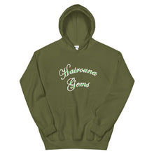 Load image into Gallery viewer, military green unisex hoodie with Hairouna Gems in green highlights

