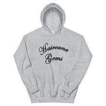 Load image into Gallery viewer, sport grey unisex hoodie with hairouna gems written in black letters
