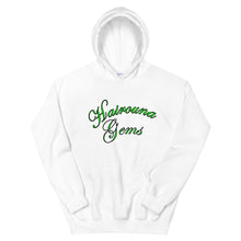 Load image into Gallery viewer, white unisex hoodie with hairouna gems written in green letters
