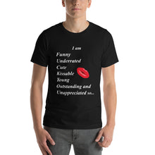 Load image into Gallery viewer, Black t-shirt with high self esteem adjective and a kiss.

