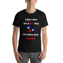 Load image into Gallery viewer, black short sleeve unisex t-shirt stating &#39;like rain on a hot day I&#39;ll make you steamy&#39;.
