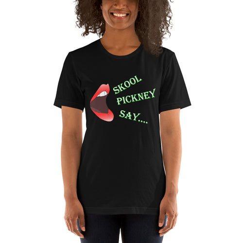 model wearing a black t-shirt with an open mouth and the words skool pickney say