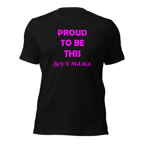 black short sleeve t-shirt with the caption 'proud to be this boy's mama' in pink lettering