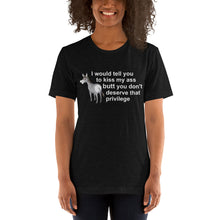 Load image into Gallery viewer, Black heather t-shirt with &#39;I would tell you to kiss my ass&#39; slogan.
