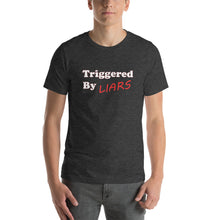 Load image into Gallery viewer, dark grey t-shirt with caption &#39;triggered by liars&#39; in black and red lettering
