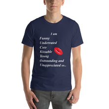 Load image into Gallery viewer, Navy t-shirt with high self esteem adjective and a kiss.

