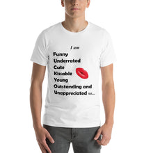 Load image into Gallery viewer, White t-shirt with high self esteem adjective and a kiss.
