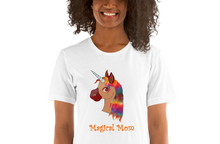 Load image into Gallery viewer, pregnant woman wearing a white &#39;magical mom&#39; t-shirt with a unicorn design
