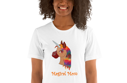 pregnant woman wearing a white 'magical mom' t-shirt with a unicorn design