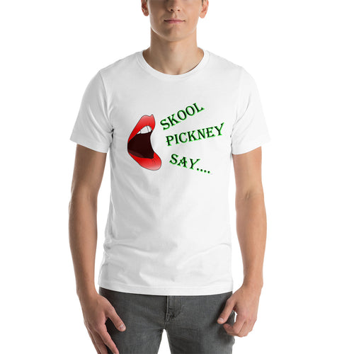 model wearing a white t-shirt with a picture of an open mouth saying 'skool pickney say'..