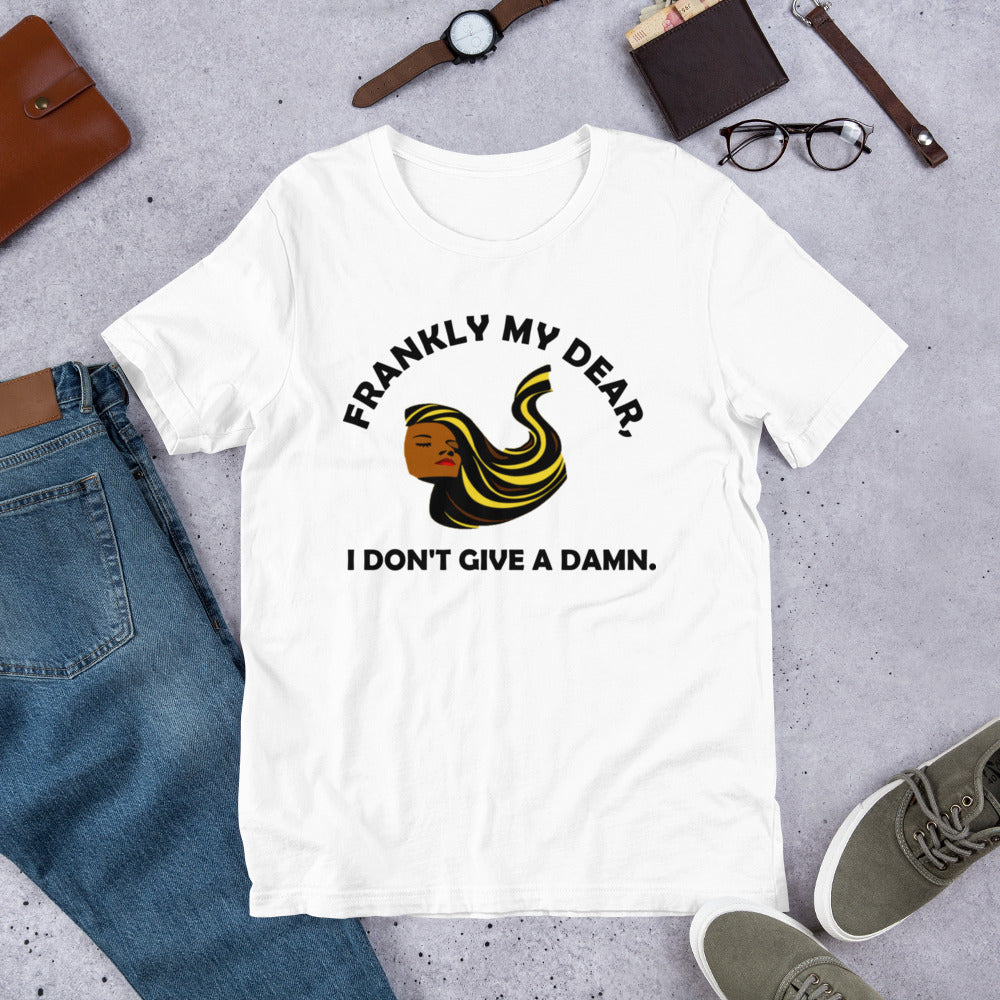 T-shirt with a 'Frankly My Dear I Don't Give A Damn' caption with an image of a black woman with flowing hair.