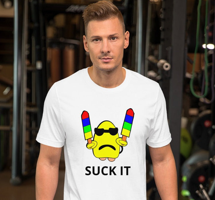 white t-shirt with a yellow gumdrop figure holding two popsicles with the caption 'suck it'.