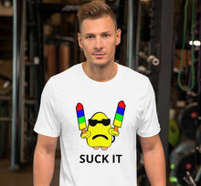 Load image into Gallery viewer, white t-shirt with a yellow gumdrop figure holding two popsicles with the caption &#39;suck it&#39;.
