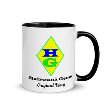 Load image into Gallery viewer, White ceramic mug with black inside and on the handle showing the Hairouna Gems logo.
