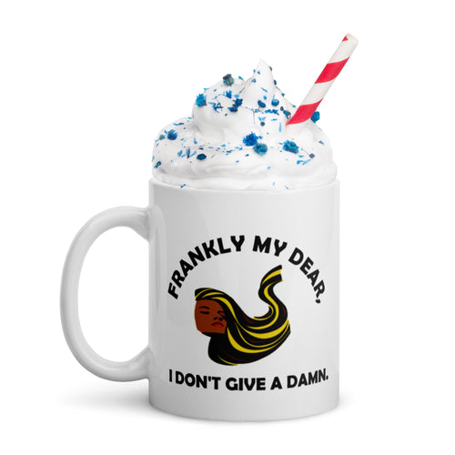 white glossy mug featuring a black person's face and flowing hair with the caption 'frankly my dear, I don't give a damn'