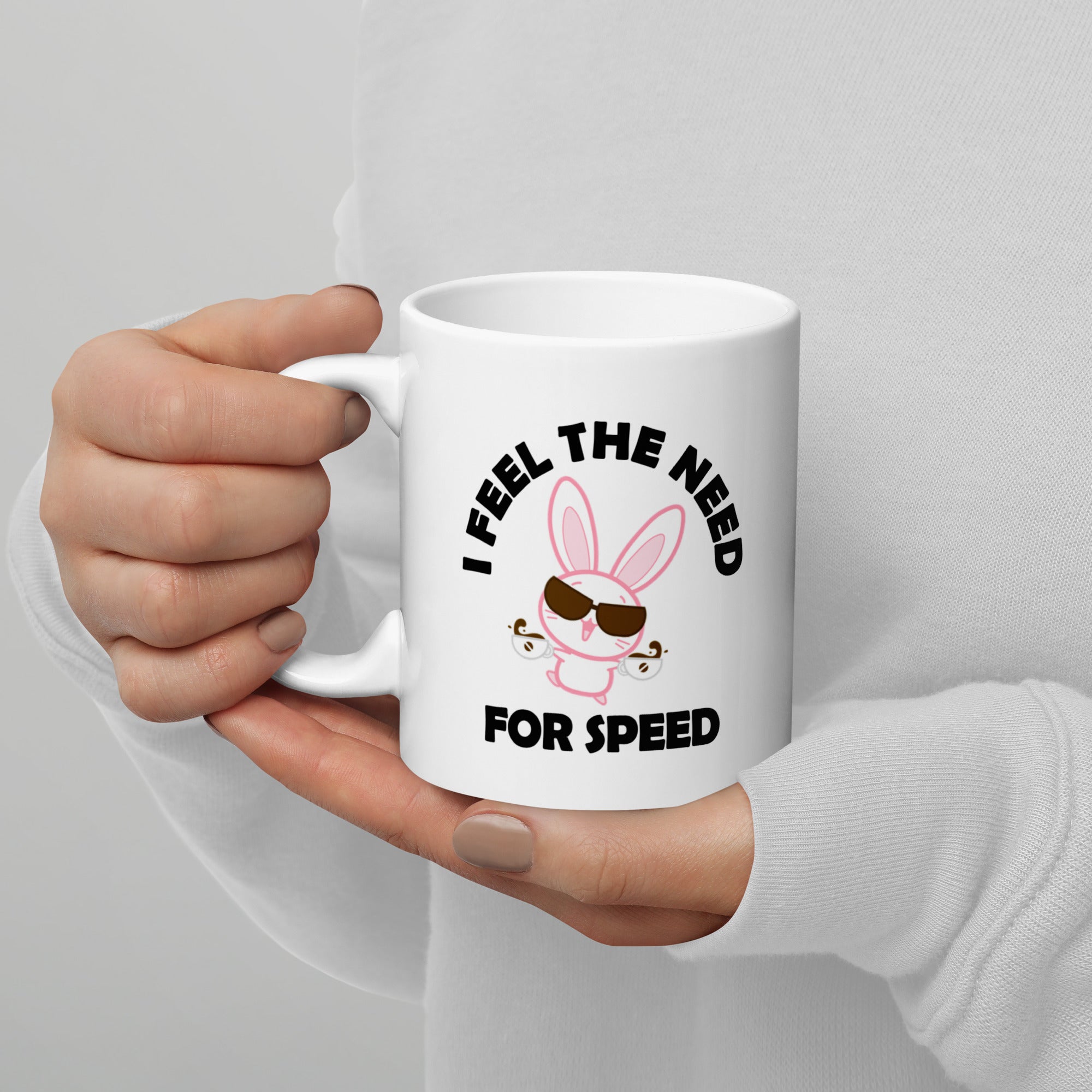 Bunny's Need For Speed, White glossy mug