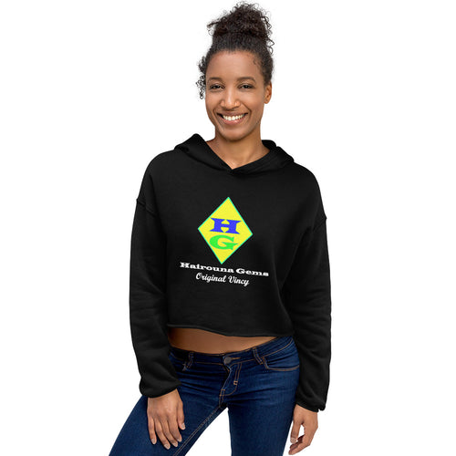black cropped hoodie with hairouna gems logo in the center front